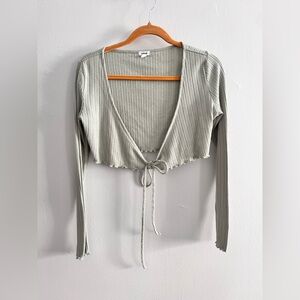 GARAGE Moss Green Front Tie Ribbed Long Sleeve Top